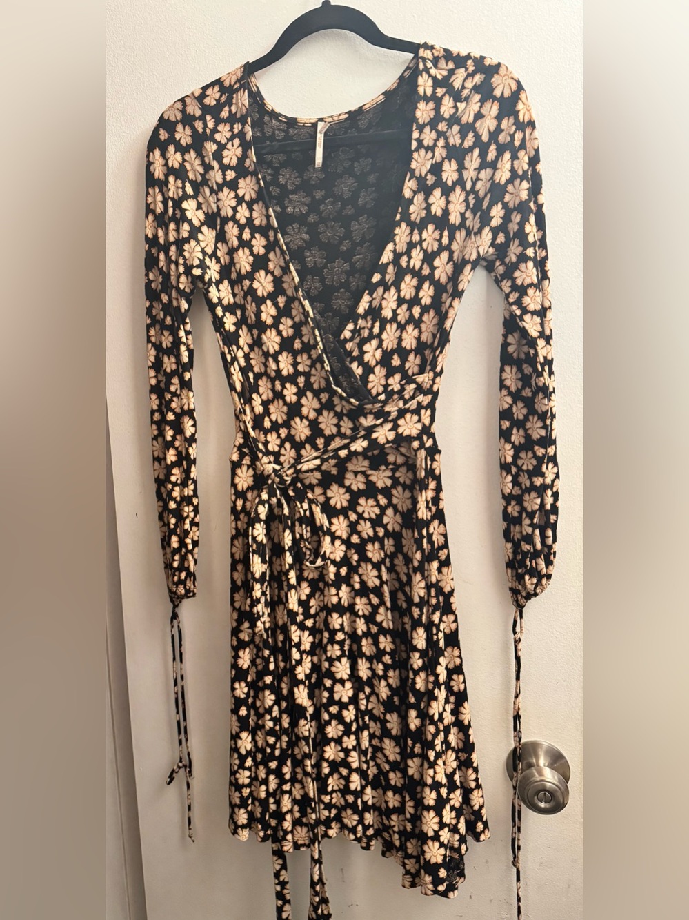 Free People Black faux Wrap Dress with Cream Floral Print